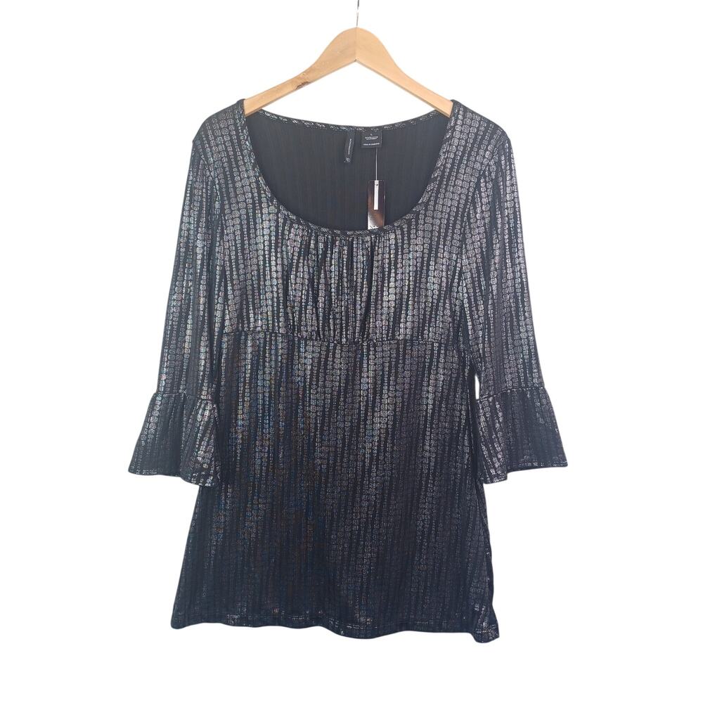 New Directions Womens Babydoll Top Large Black Metallic‎ Bell Sleeve Whimsigoth